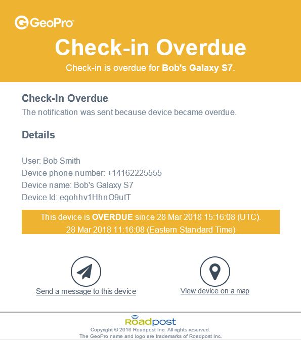 GeoPro check-in overdue screen